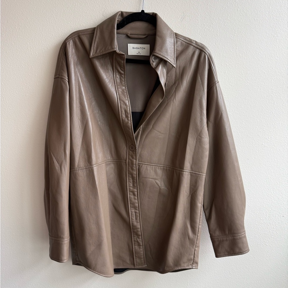 Aritzia Babaton Taupe Leather Button-Front shacket Jacket